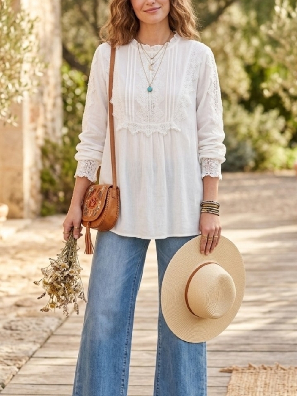 Sundance White Lace-Trim Peasant Blouse Tunic - Women L